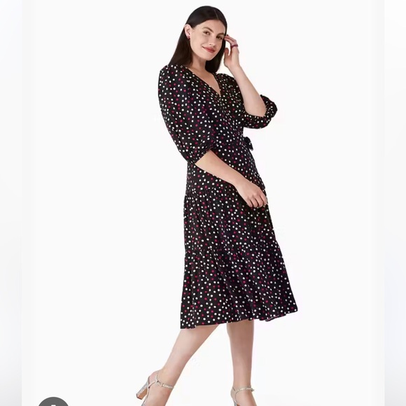 Kate Spade Glimmer Polka Dot Midi Wrap Dress Sz XS / 2 - Black Pink Flowy Preppy - Picture 5 of 13